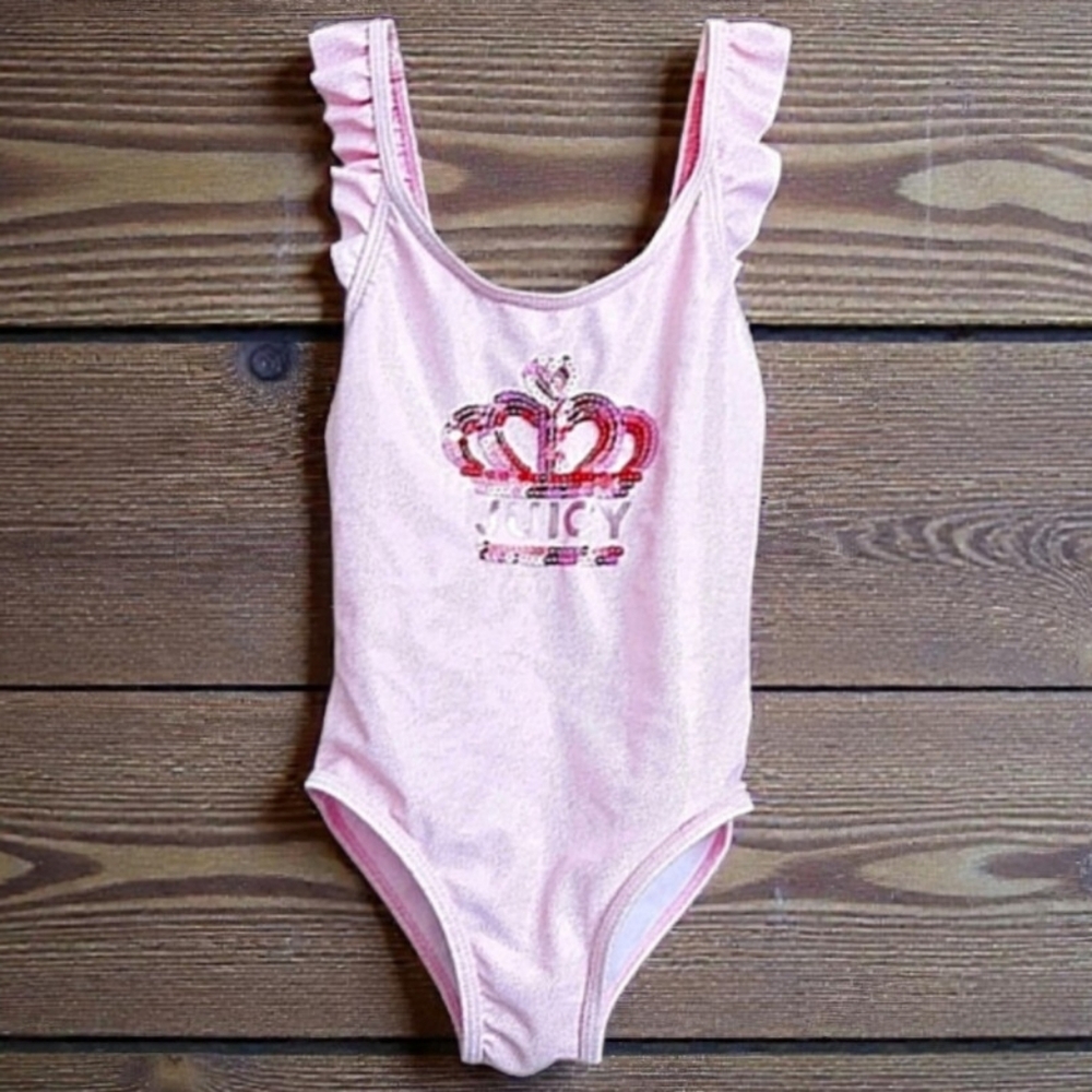 Juicy Couture Kids Crown Sequins Flutter Sleeve Tiny Dots Swimsuit, 5
